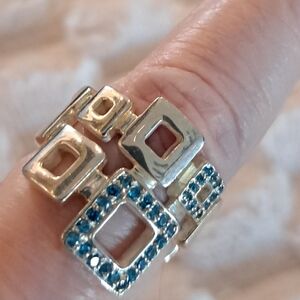 925 Silver Geometric Ring with Blue Stone  Accents